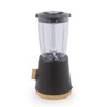 Black blender with clear jug and wood-effect dial, shown from the front.