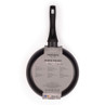 Grey non-stick frying pan with speckled interior, angled handle, shown on white background