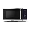 Silver and black microwave oven with handle and digital display, shown front view.