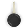 Cream-handle non-stick frying pan, top view, shown on white background.