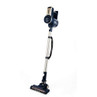 Cordless stick vacuum cleaner in silver and navy, upright, with LED floor head