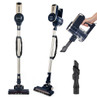 Cordless stick vacuum cleaner in navy and silver with handheld mode and brush accessory.
