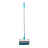 Manual carpet sweeper in blue with long handle, shown upright on white background