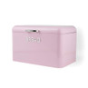 Pink metal bread bin with silver handle, showing 'BREAD' label on front.
