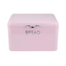 Pink metal bread bin with silver handle, showing 'BREAD' label on front.