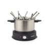 Stainless steel electric fondue set with eight forks on black base, front view.