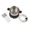 Stainless steel electric fondue set with six forks, pot and fork holder, for home entertaining.