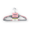 Pack of 8 grey and pink non-slip clothes hangers with hooks, shown in retail packaging