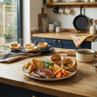 Plate of roast beef dinner with Yorkshire puddings, potatoes, vegetables and gravy.