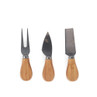 Set of three stainless steel cheese knives with wooden handles, shown on white background