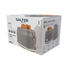 Grey 2-slice toaster retail packaging, Salter retro design with product image visible on box