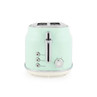 Green 2-slice toaster with cancel, reheat, and defrost buttons, front view