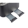 Black and gold toaster showing two extended crumb trays
