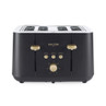 Four-slice black and gold toaster with reheat, defrost, and cancel buttons, front view