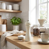 White manual salt grinder on kitchen worktop beside dish of salt