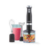 Black hand blender set with whisk, chopper and smoothie jug, suitable for food prep.