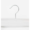 White clothes hanger with silver hook, shown close-up against a plain background