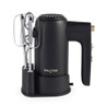 Black and gold electric hand mixer with stand and chrome beaters