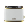 White two-slice toaster with gold trim, front view, Salter branding