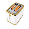 White and gold 2-slice toaster with toast, angled view