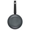 Grey non-stick frying pan with black handle, shown from above
