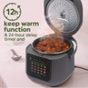 Grey multi cooker with stew, highlighting 12-hour keep warm and 24-hour delay timer