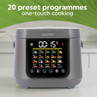 Grey multi cooker with digital display showing 20 preset programmes