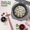 Open grey multicooker with dumplings inside