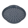 Blue speckled non-stick pizza tray with perforated base, shown from above.