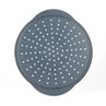 Blue speckled non-stick pizza tray with perforated base, shown from above.