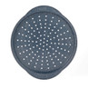 Blue speckled metal pizza tray with perforations, shown from above.