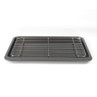 Rectangular grey non-stick baking tray, shown from side angle