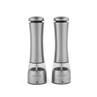 Set of two silver electric salt and pepper mills with clear base, shown upright.