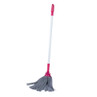 Grey and pink mop with absorbent strips shown upright on white background