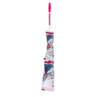 Extendable pink and white cloth mop in retail packaging, with telescopic handle