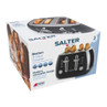Box for Salter black 4-slice toaster, showing product photo and key features.