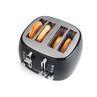 Black four-slice toaster with sesame seed bagels shown toasting, angled top view