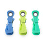 Set of three Beldray clothes pegs in blue, green, and turquoise, shown upright.