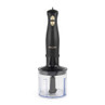 Black and gold handheld food chopper with clear bowl, shown upright on white background