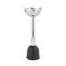 Stainless steel blender attachment with black plastic base, shown upright