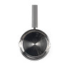 Silver stainless steel saucepan with grey handle, shown top down