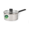 Silver saucepan with black handle and lid, PFAS free label on side.