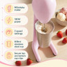 Pink milkshake maker with stainless steel cup and feature icons