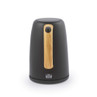 Black kettle close-up showing wood-effect handle and water level indicator