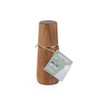 Brown wood salt mill with ceramic mechanism, shown upright with Salter branded tag attached.