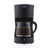 Black filter coffee machine with glass jug and blue power light