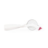White pizza cutter with pink spiked wheel for dough, side view on white background