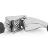 Stainless steel garlic press with black handles, shown open on white background