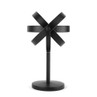 Black modern tabletop sculpture with intersecting rings, shown upright on a circular base