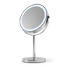 Chrome tabletop mirror with LED light ring, shown from the front at an angle